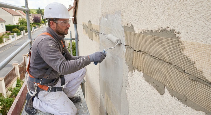 Réunion professionnelle sur un chantier de construction entre l'architecte et les artisans qui portent un masque de protection contre le vid-19
