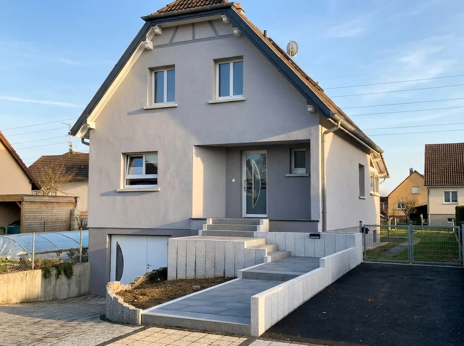 Maison individuelle rénovée, façade enduit gris clair, toiture à deux pans avec tuiles brunes