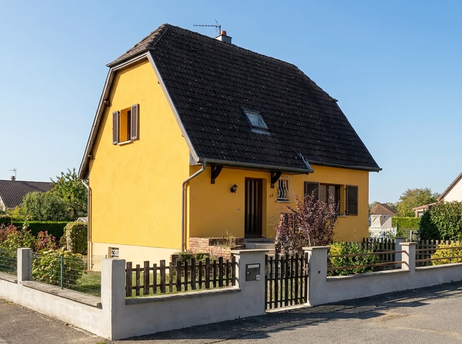 Maison individuelle de plain-pied avec combles, façade enduite jaune ocre, toiture à deux pans en tuiles noires, lucarne Velux, volets bois marron