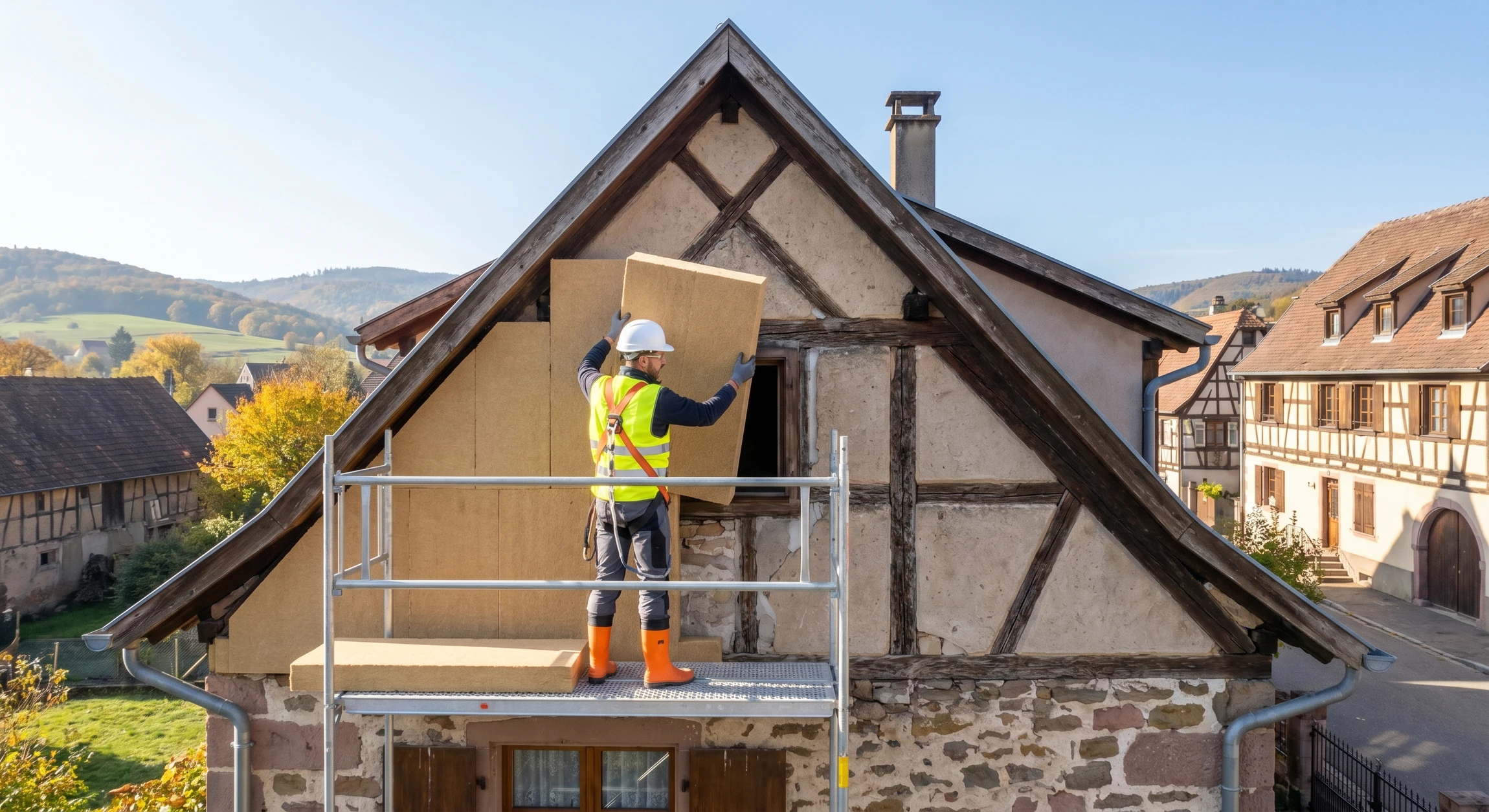 Photographie réelle d'une façade de maison en cours d'isolation thermique par l'extérieur en fibre de bois. La façade partiellement traitée doit montrer clairement l'isolant en fibre de bois de couleur beige/naturelle appliqué contre le mur, avec un ouvrier en tenue de travail effectuant la pose ou la finition. La maison est de style alsacien ou régional typique. L'image doit être prise de l'extérieur en lumière naturelle, montrant le contraste entre la zone isolée et la zone non traitée pour illustrer l'intervention d'ITE.