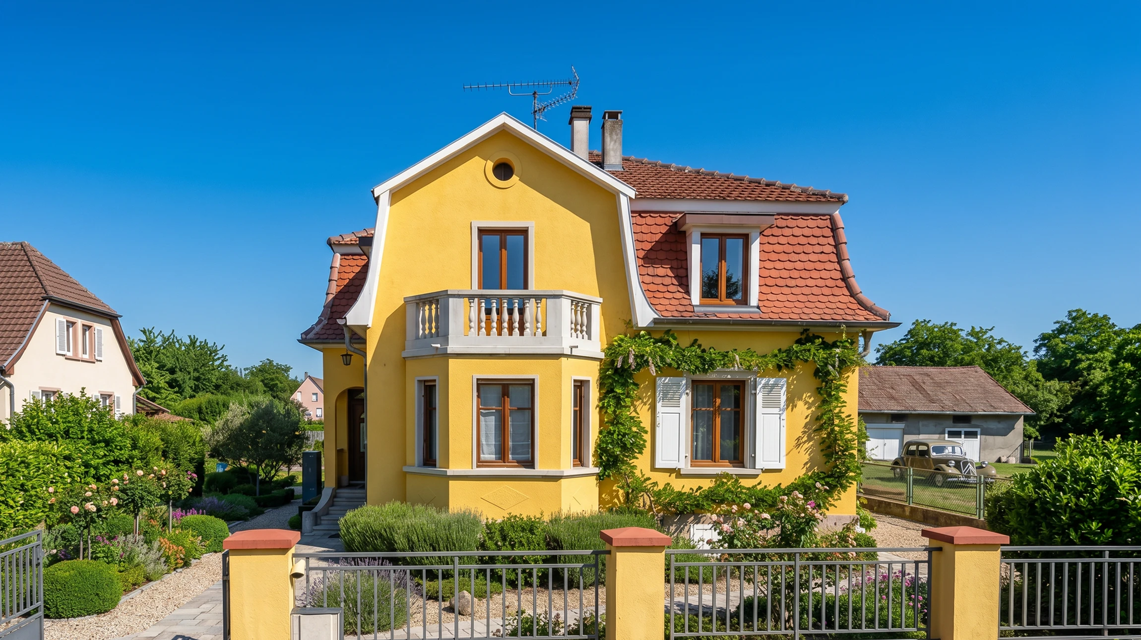 Chantier de construction résidentielle avec échafaudage métallique entourant une maison en briques rouges en rénovation