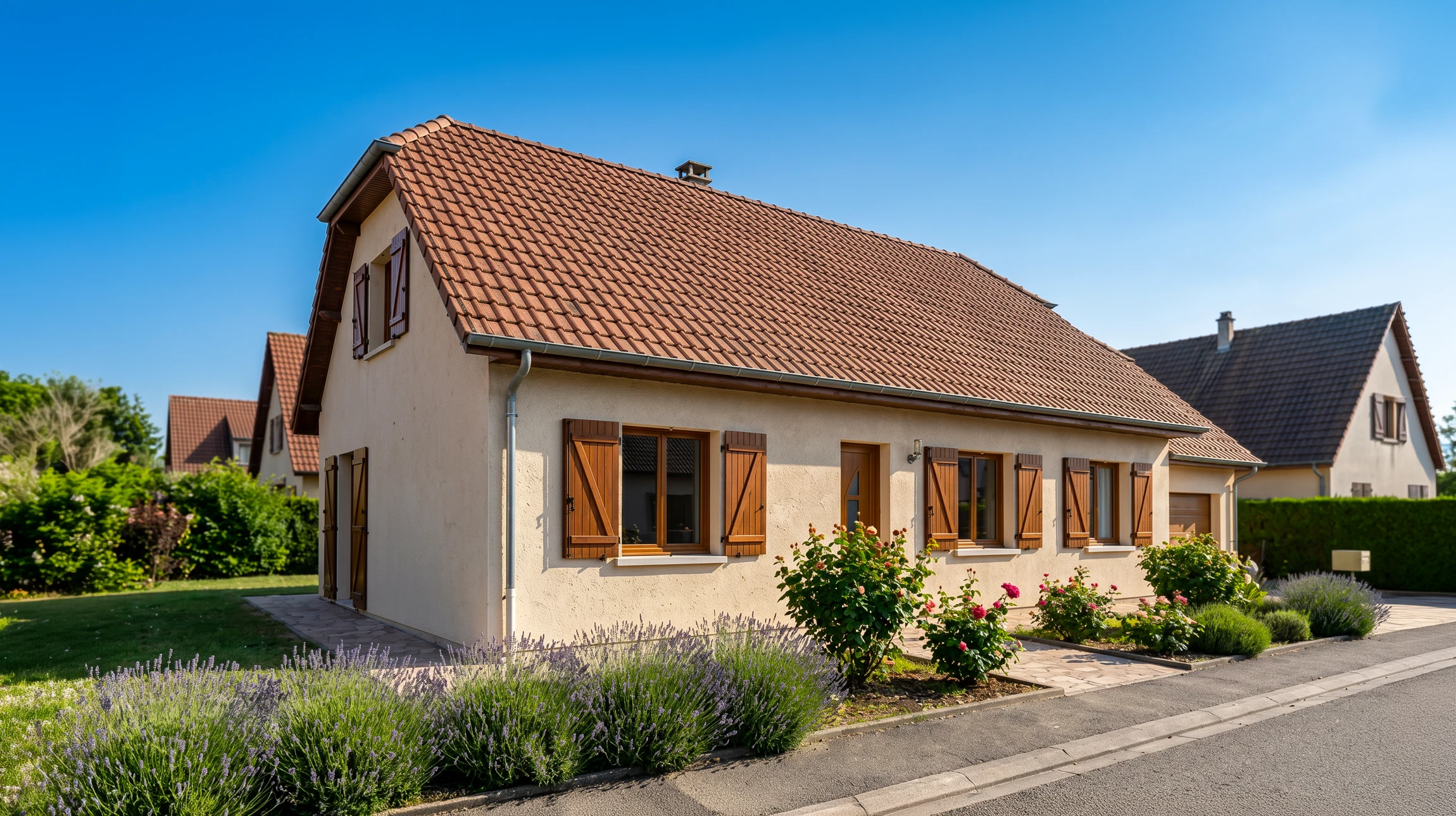 Maison contemporaine avec façade en crépi beige et toit en tuiles grises, dotée de fenêtres de toit velux
