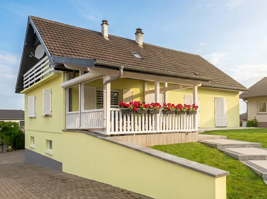 Maison individuelle moderne, façade blanche avec toit en ardoise anthracite à deux pans