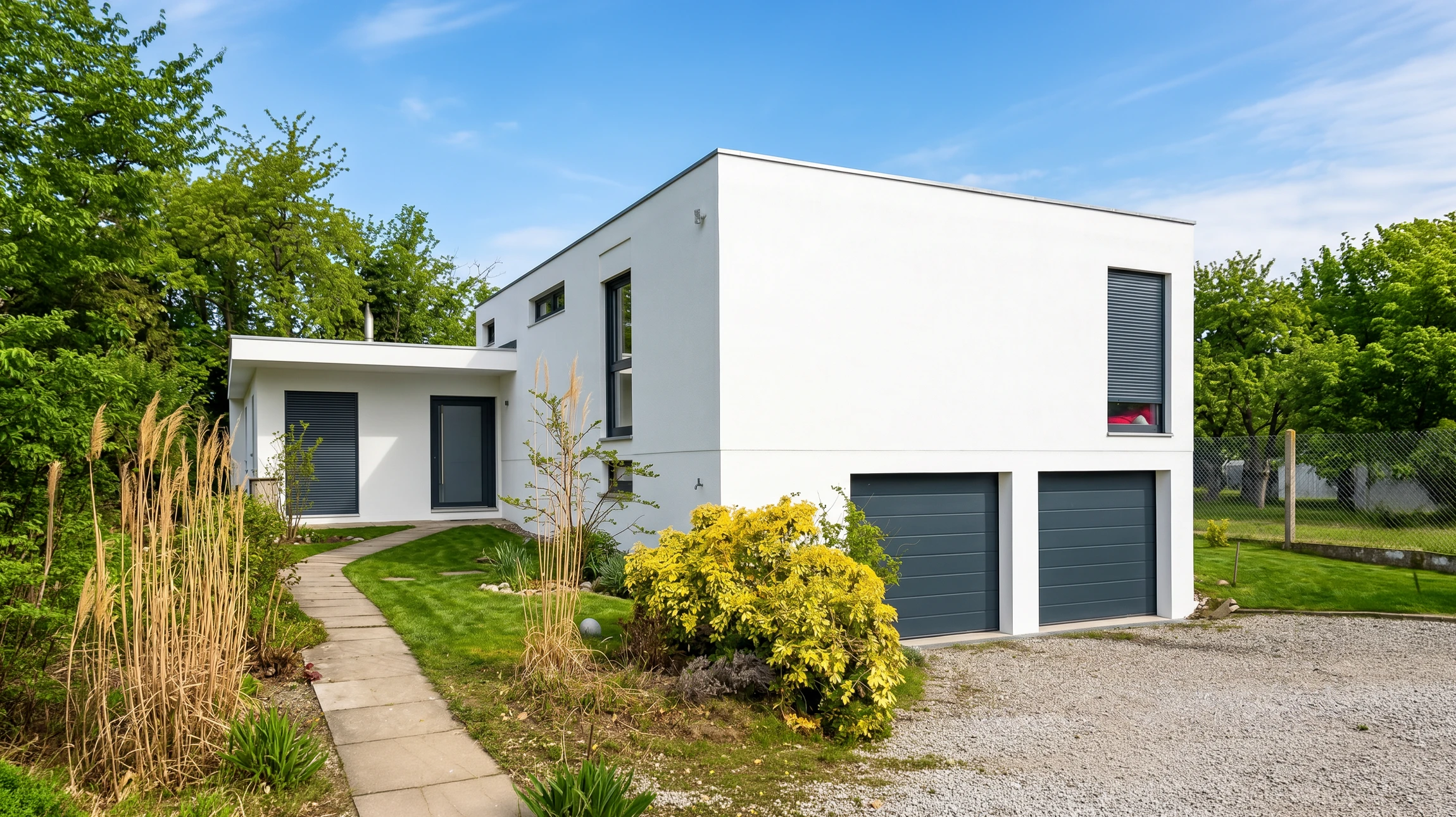 Maison individuelle à deux étages, style européen contemporain, façade enduit blanc cassé, toiture en tuiles canal grises